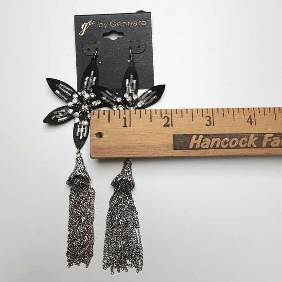 g by Gennaro Flower Dangle Earrings Black, Silver Tone Fringe Chain - Picture 4 of 8